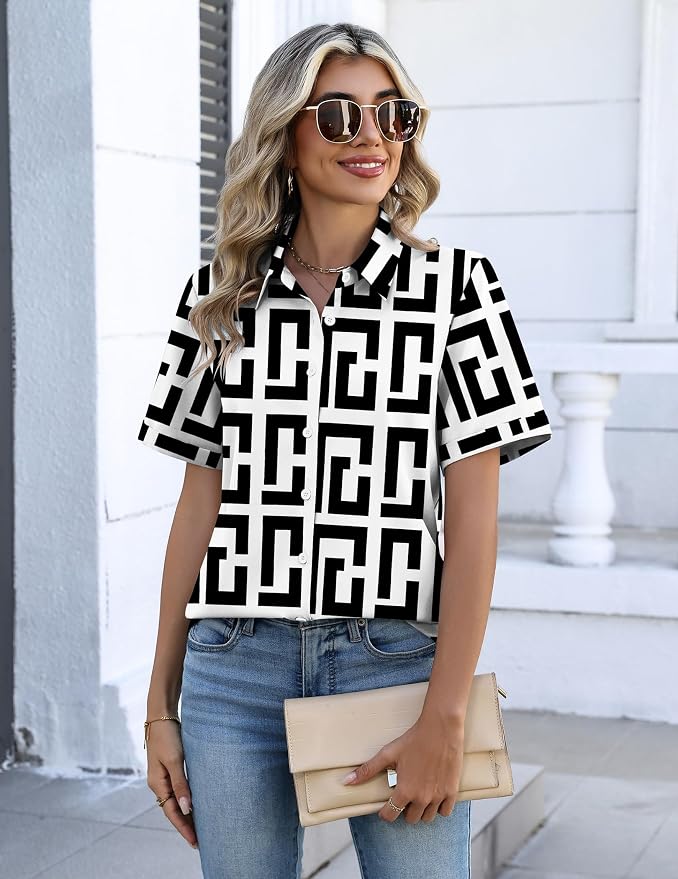 Zeagoo Button Down Shirts for Women Short Sleeve Collared Tops Dressy Casual V Neck Blouses - Image 2