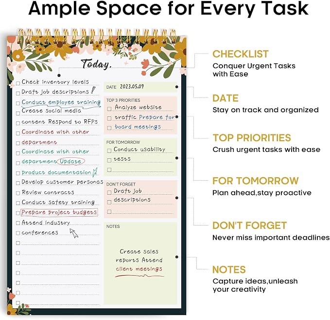 Taja To Do List Notepad, Undated Daily Planner for Work and Goal Setting | Rustic Floral, 52 Sheets, 9.8" x 6.5" , for Office, Home and school, Daily Task Planning, Notes and Everyday Organization - Image 2