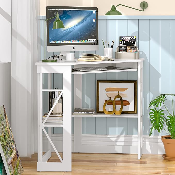 VECELO Corner Desk, Triangle Computer Desk for Small Space with Charging Station and Keyboard Tray, Corner Makeup Table with Storage Shelves for Home Office Bedroom, 41x30, White - Image 4