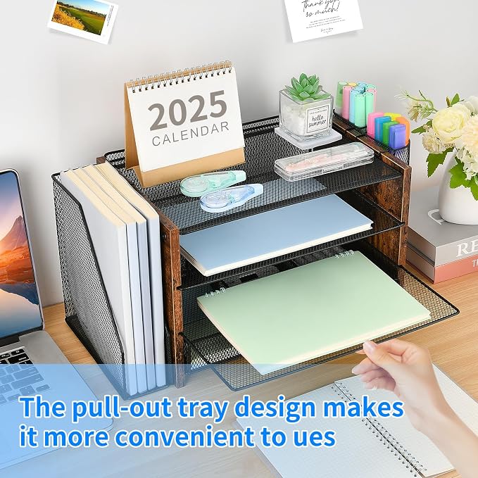 OPNICE Desk Organizer, 4-Tier Desktop File Organizer with Drawer and Pen Holders, Office Desk Accessories, File Sorters, Workspace Organizers for Office Supplies(Brown Wood) - Image 4
