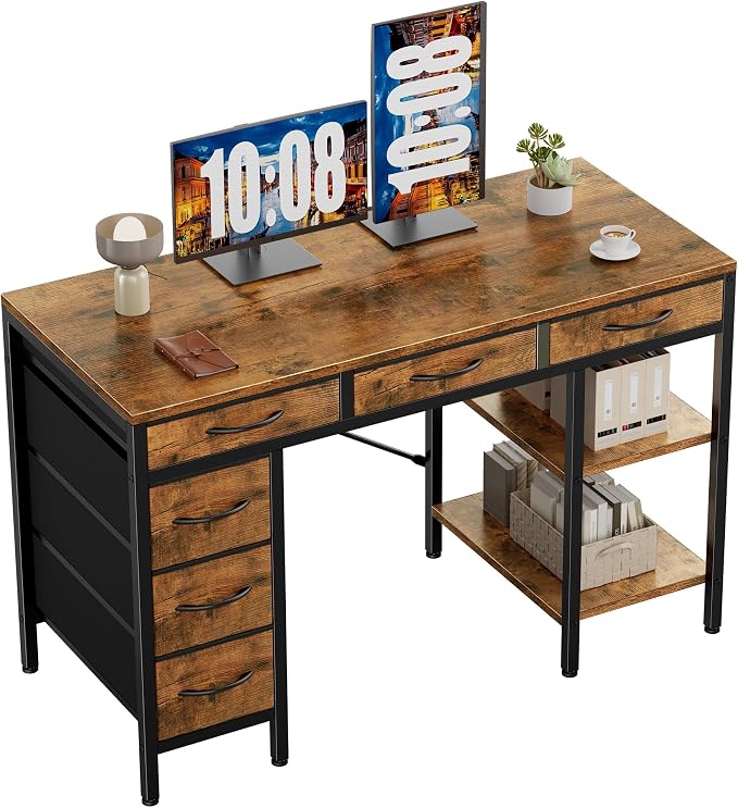 Sweetcrispy 47" Computer Desk with 6 Fabric Drawers & Storage Shelves | Reversible Gaming Desk, Office Desk, Computer Workstation, Corner Desk with Storag, Home Office, Living Room, Rustic Brown by Sweetcrispy