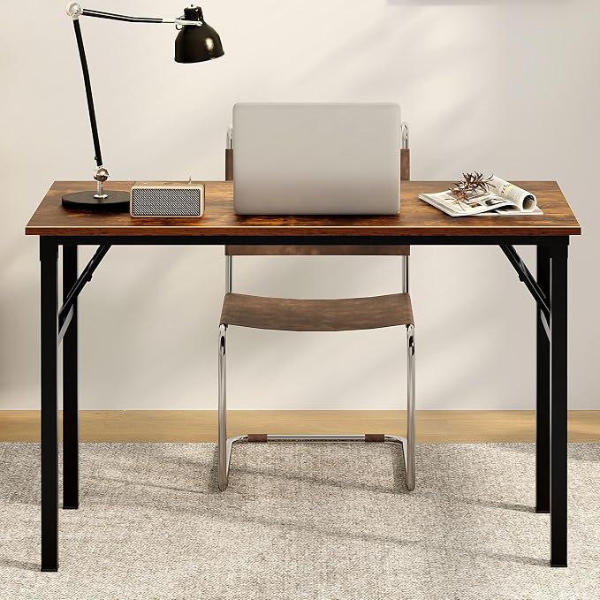 Need Office Computer Desk 47.2x23.6 in Sturdy Folding Laptop Table Retro | Black Frame Writing Gaming Work Table/Foldable Home Office Desk/Sewing Table, No Assembly Required - Image 2