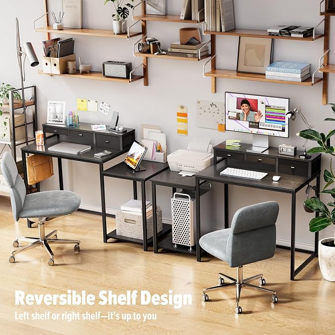 SINPAID 47 inch Computer Desk with Printer Shelf, Gaming Desk with Monitor Stand and Drawers, Reversible Home Office Desk with Storage Shelves and 2 Hooks, Home Workstation for Study Writing, Black - Image 8