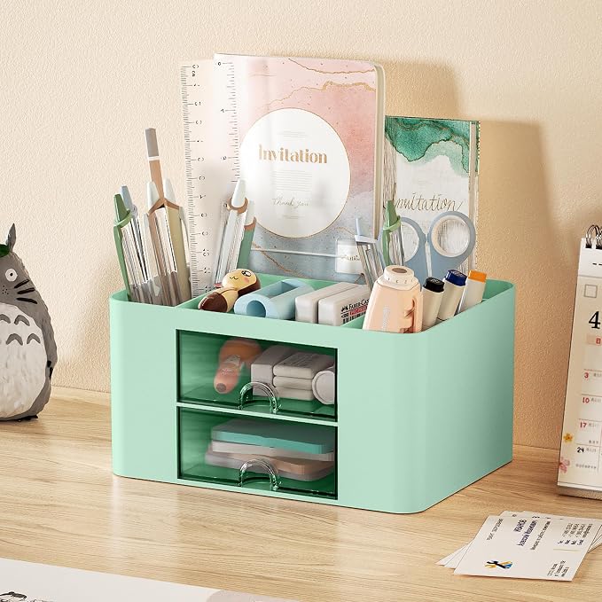 Marbrasse Pen Organizer with 2 Drawer, Multi-Functional Pencil Holder for Desk, Desk Organizers and Accessories with 5 Compartments + Drawer for Office Art Supplies (Green) - Image 2