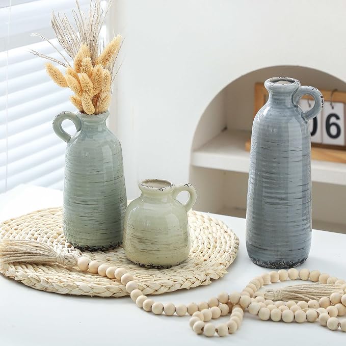 Ceramic Vase Set of 3 | Neutral Vase Home Decor with Handle | Pottery Modern Farmhouse Vases Pampas Grass Flower Vases for Home Decor Table Living Room Centerpieces Mantel Decor - Multicolor - Image 8