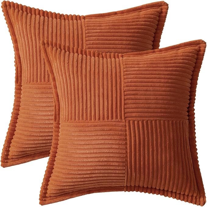 MIULEE Rust Fall Corduroy Decorative Euro Sham Pillow Covers 24x24 Inch with Splicing Set of 2 Soft Boho Pillow Covers Broadside Textured Summer Pillowcases for Couch Bed Livingroom - Image 6