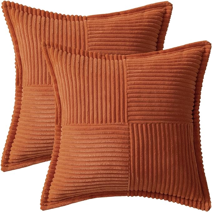 MIULEE Fall Rust Decorative Throw Pillow Covers for Couch Bed Livingroom 16x16 Inch Set of 2 Boho Accent Throw Pllows Broadside Striped Patchwork Soft Corduroy Pillowcases, Terracotta - Image 6