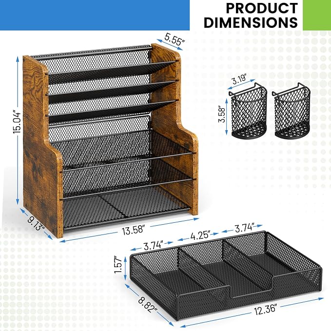 DAOUTIME 6-Tier Mesh Desk Organizer with Drawer, Wooden Office Organizer for Papers, Folders & Office Supplies - Sturdy Desktop File Holder with 2 Pen Holders - Space Saving Home Office Accessories - Image 7