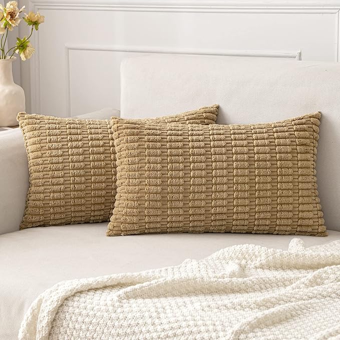 MIULEE Pack of 2 Corduroy Decorative Lumbar Throw Pillow Covers 20x12 Inch Soft Boho Striped Pillow Covers Modern Farmhouse Home Decor for Sofa Living Room Couch Bed Khaki by MIULEE