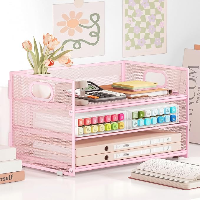 Subekyu 3 Tier Paper Letter Tray Organizer for Desk, Pink Metal Mesh File Folder Sorter Organizer with Handle and 1 PC Sliding Tray for Home Office School Desk Supplies Organization Storage - Image 4