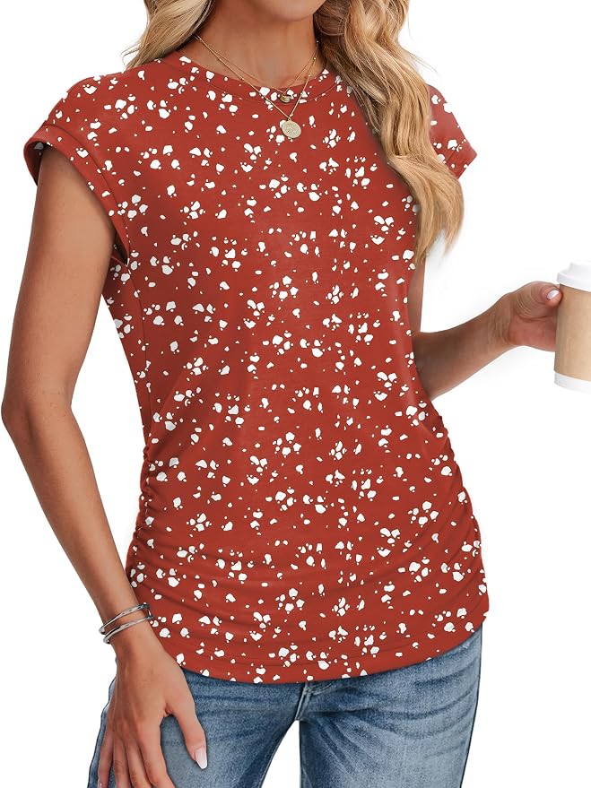 Sampeel Womens Summer Tops Trendy 2026 Ruched Cap Short Sleeve Tshirts Shirts Crew Neck T Shirts Fashion - Image 3