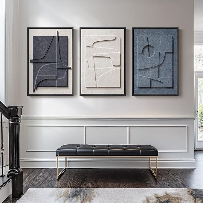 Large 3D Textured Framed Blue and White Abstract Wall Art for Living Room, 3 Piece Modern Artwork for Walls, Minimalist Navy Blue Geometric Paintings for Hallway, Stair, Office Wall Decor 24x36 In - Image 4