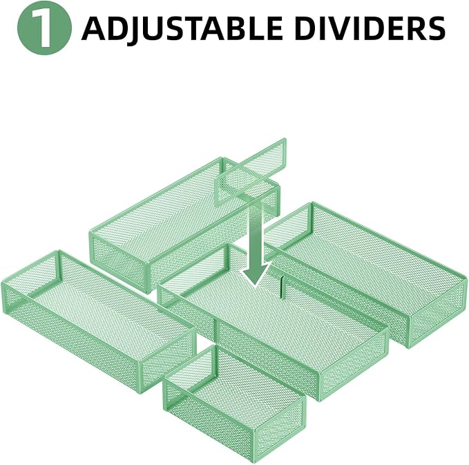 Marbrasse 5 Pack Desk Drawer Organizer Set, Mesh Drawer Storage Trays with 1 Adjustable Divider, Desk Organizers and Accessories, 5 PCS Drawer for Office Supplies, Makeup & Vanity (Green) - Image 4