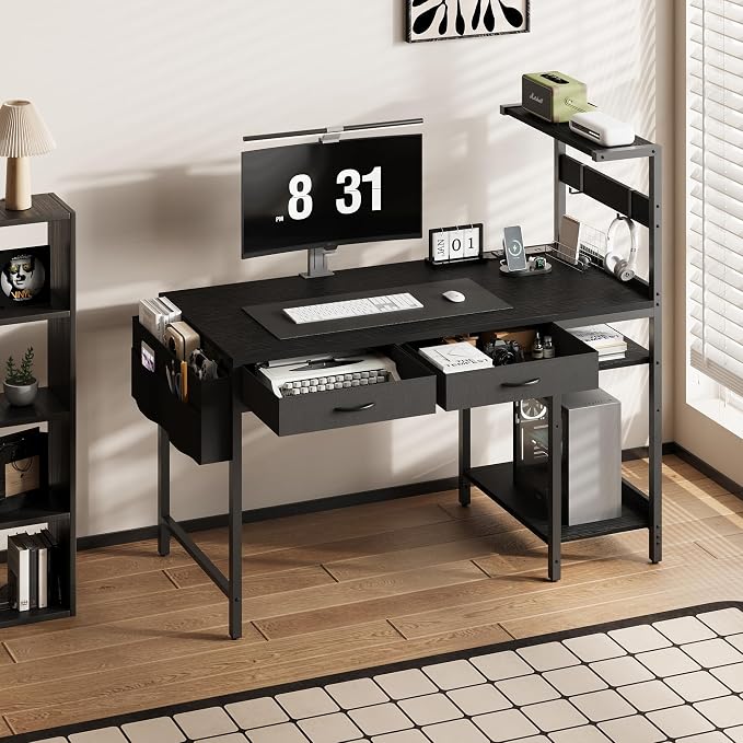 40 Inch Small Gaming Desk with Drawers & Led Lights & Storage Bag, Black | Reversible Storage Shelf, Power Outlets, Wood Grain Gaming Table, Compact Computer Desk for Small Space, Bedroom, Home Office - Image 8