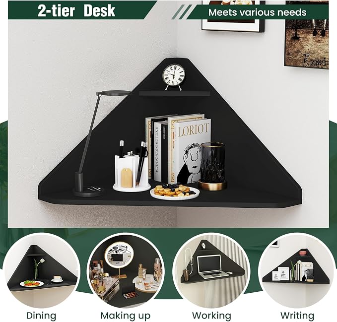 GOFLAME Floating Corner Desk, Wall Mounted Triangular Computer Desk w/Storage Shelf, Space-Saving Design, 90° Wooden Floating Home Office Desk for Writing, Working, Studying (Black) - Image 4