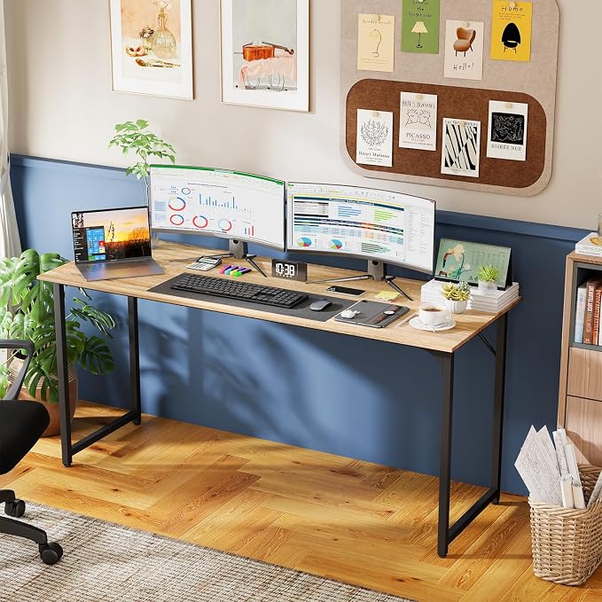 PayLessHere | 63 Inch Computer Desk | Nature | Office Desk with Metal Frame, Adjustable Feet | Water-Resistant, Scratchproof Surface | Sturdy Writing Table for Home Office or Study | Pack of 1 - Image 2