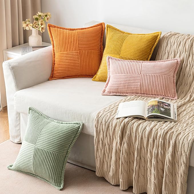 MIULEE Fall Burnt Orange Decorative Throw Pillow Covers for Couch Bed Livingroom 16x16 Inch Set of 2 Boho Accent Throw Pllows Broadside Striped Patchwork Soft Corduroy Pillowcases - Image 5
