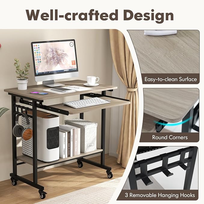 Tangkula Rolling Computer Desk Cart with Keyboard Tray, Mobile Portable Laptop PC Desk with CPU Stand & 3 Hooks for Sofa & Bed, Compact Small Desk on Wheels for Small Spaces (Grey) - Image 8