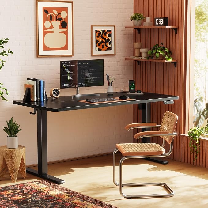 Huuger Electric Standing Desk with Power Outlets and USB-C Port, 55 X 24 Inch Height Adjustable Desk, Sit Stand Desk for Home Office, Computer & Gaming Desk with 4 Presets, Stable Steel Frame, Black - Image 2