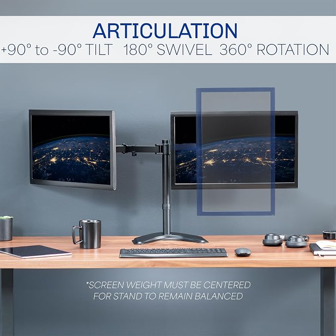 VIVO STAND-V002F Dual LED LCD Monitor Free-Standing Desk Stand for 2 Screens up to 27 Inch Heavy-Duty Fully Adjustable Arms with Max VESA 100x100mm - Image 4