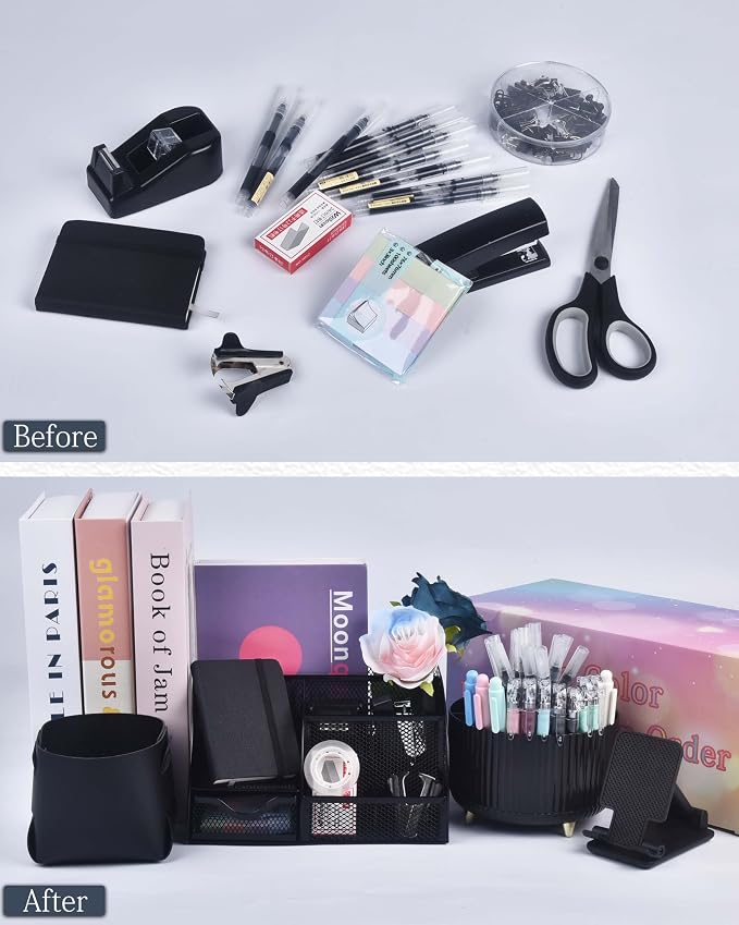 LXEVIHK 20Pcs Black Desk Organizers and Accessories With Mesh Desk Organizer and 360°Rotating Pen Holder and a Lot of Office Black Office Supplies Beautifully Presented in a Gift Box - Image 7