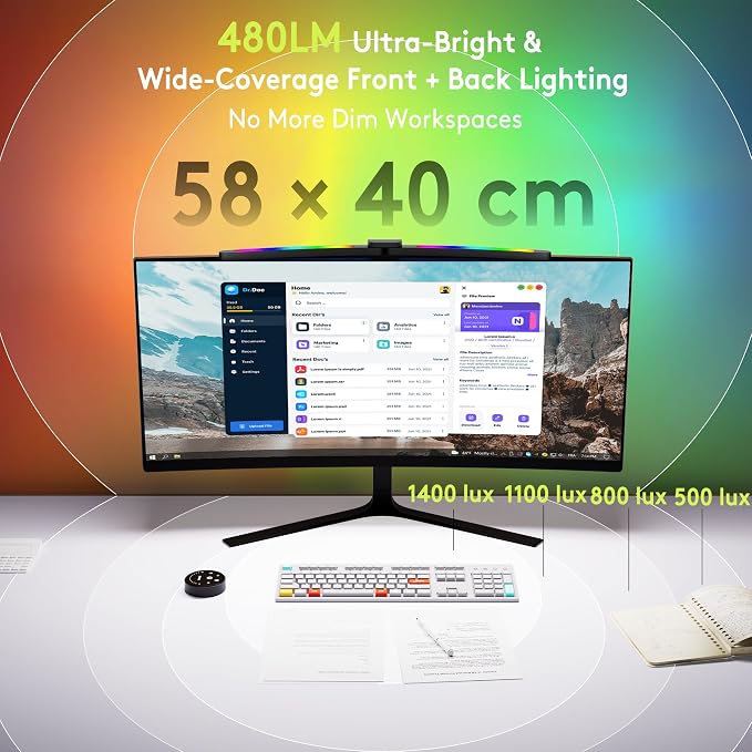 Quntis Curved Monitor Light Bar 15 RGB Backlight for 34"+ Screens, Computer Bar Lights Foldable Dual Light with Color Temperature Brightness Stepless Dimming, No Glare Desk Lamp for Home Office Gaming - Image 5