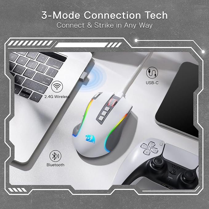 Redragon M612 Wireless RGB Optical Gaming Mouse 8000 DPI Remapping Keys | Cable-Free 0 Delay, Redefine Keybinding Macro, Vibing Backlight, Ergonomic Grip Body Comfort - Image 4