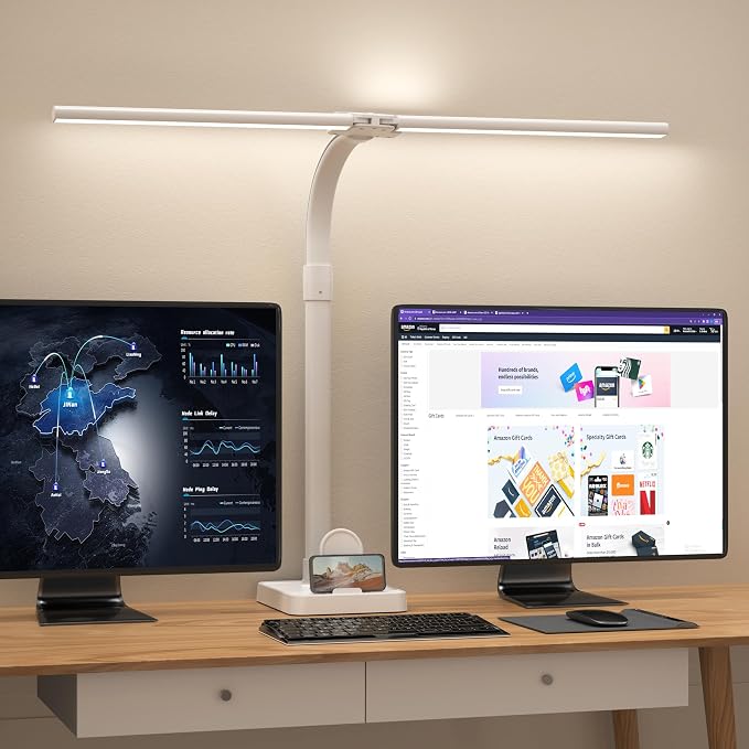 AKRRYR Led Desk Lamp for Home Office,24W Bright Eye-Caring Desk Light with Base,5 Brightness and 5 temperatures Dimmable Workbench Task Light, Adjustable Gooseneck Table Lamp for Monitor(White) by AKRRYR