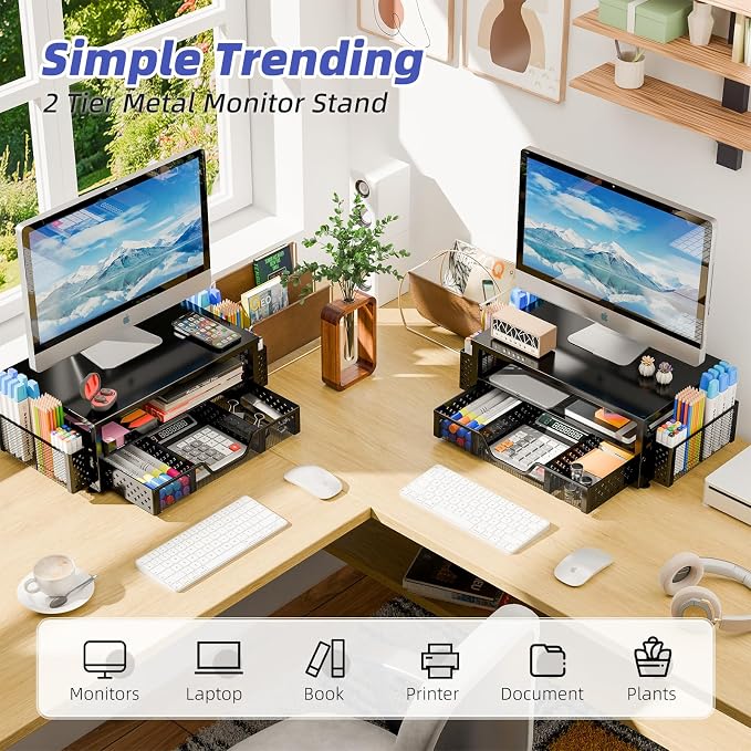 Simple Trending 2-Tier Monitor Stand Riser, Drawer & 2 Pen Holders, Black | Sturdy Material, Anti‑Slip Pads, Ergonomic Support, Space Saving, Easy Setup - Image 6