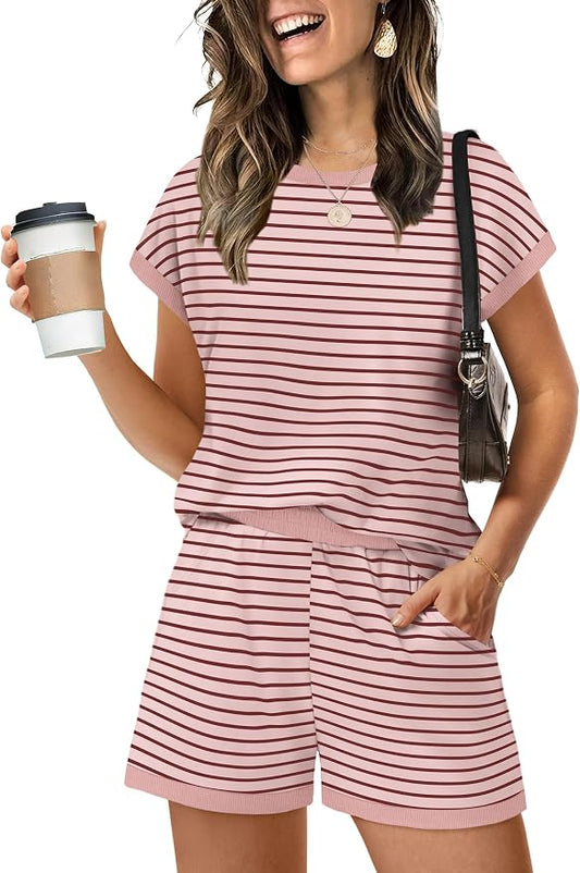 WIHOLL Two Piece Sets for Women Summer Lounge Short Sets Cap Sleeve Crew Neck Sweatsuit with Pocket XS-2XL by WIHOLL