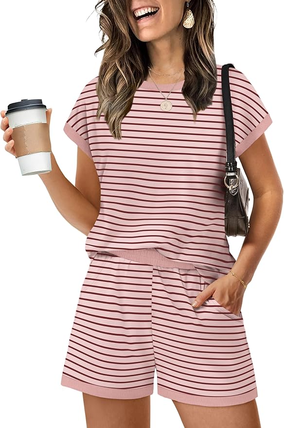 WIHOLL Two Piece Sets for Women Summer Lounge Short Sets Cap Sleeve Crew Neck Sweatsuit with Pocket XS-2XL by WIHOLL