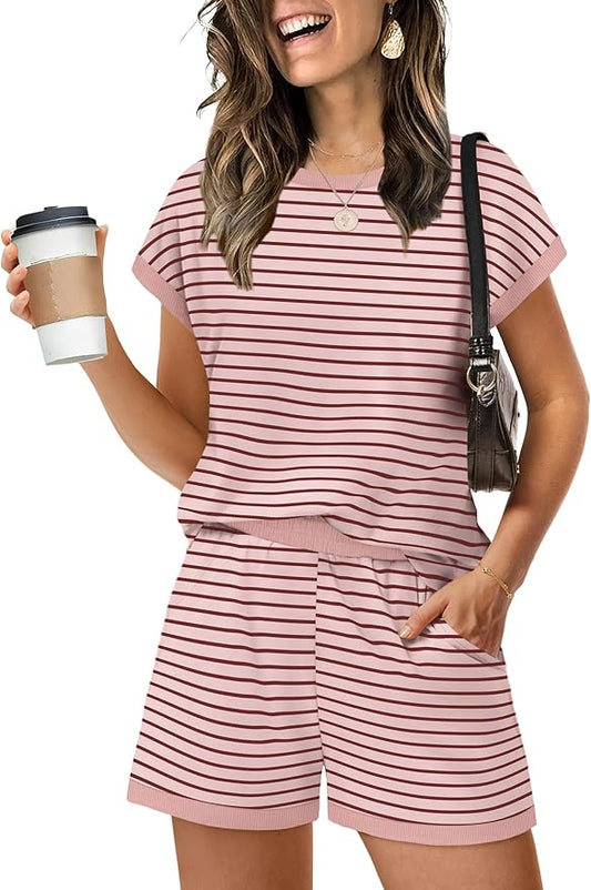 WIHOLL Two Piece Sets for Women Summer Lounge Short Sets Cap Sleeve Crew Neck Sweatsuit with Pocket XS-2XL by WIHOLL