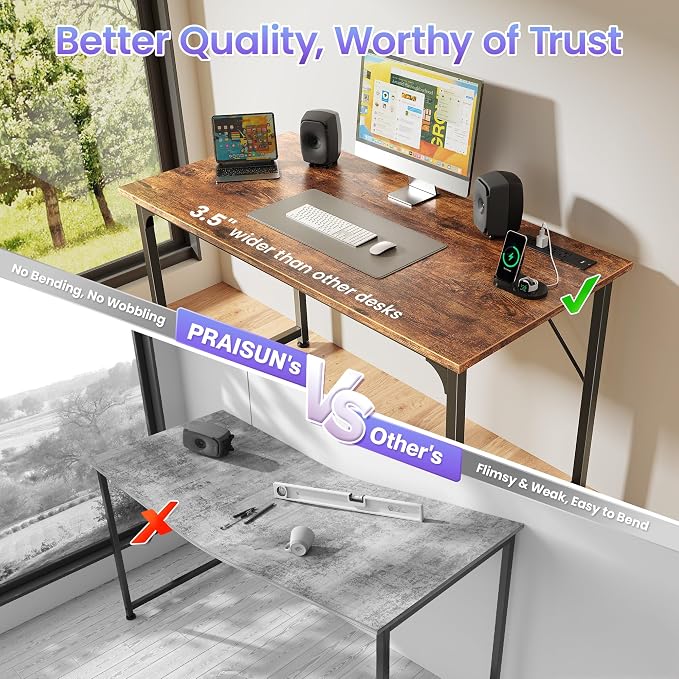 PRAISUN 40 X 20 Inch Computer Desk, Power Outlets, USB-C, Rustic Brown | Office Desk with 4 AC Outlets, USB & USB-C, Sturdy Metal Frame, Spacious Desktop for Work, Writing, Study & Gaming - Image 5