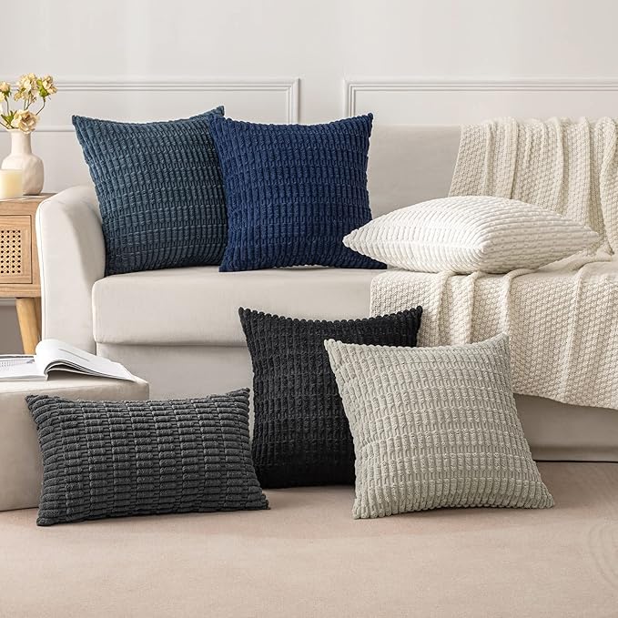 MIULEE Pack of 2 Corduroy Decorative Throw Pillow Covers 18x18 Inch Soft Boho Striped Pillow Covers Modern Farmhouse Home Decor for Summer Coastal Sofa Living Room Couch Bed Dark Blue - Image 3