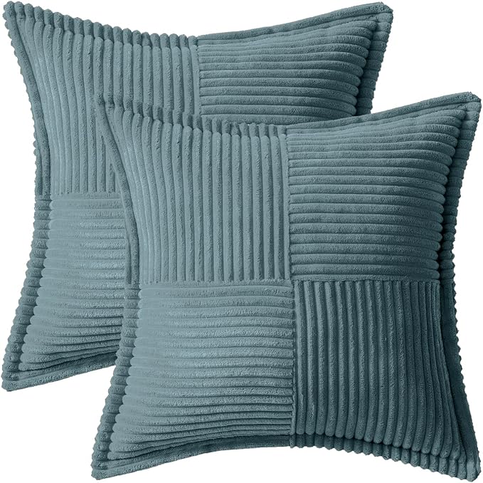 MIULEE Decorative Throw Pillow Covers for Couch Bed Livingroom 18x18 Inch Set of 2 Dusty Blue Boho Accent Throw Pllows Broadside Striped Patchwork Soft Corduroy Summer Coastal Pillowcases - Image 6