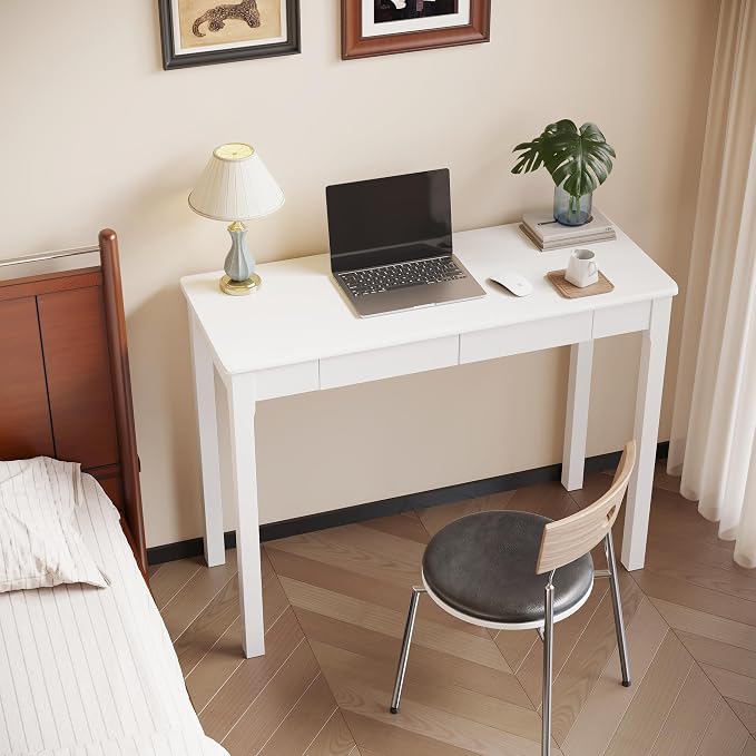 Wood Desk with Drawers - Solid Wood Mid Century Modern Desks for Bedroom, Small Computer Desk for PC, Laptop, Study, Makeup, 39.4 W x 29.5 H x 15.75 D in, White - Image 3