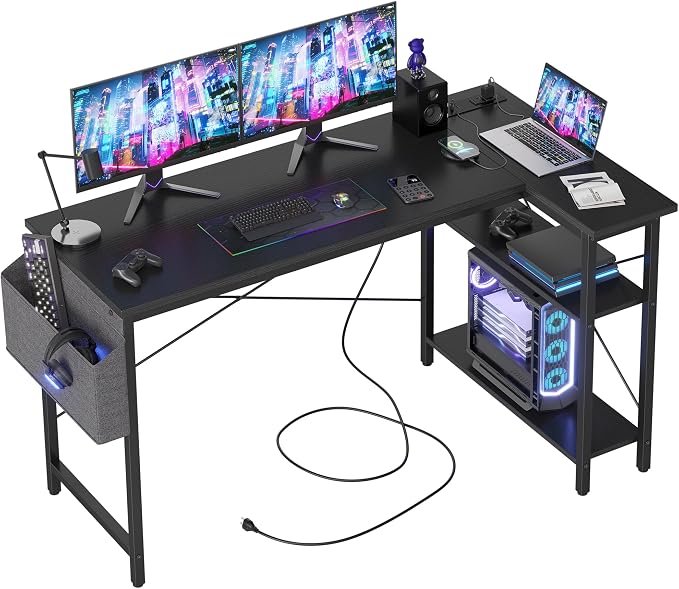 TIQLAB L Shaped Computer Desk with Power Outlets, 55 Inch Small Corner Desk with Reversible Shelves, Gaming Desk Computer Table Study Writing Table for Home Office Bedroom Small Space, Black by TIQLAB