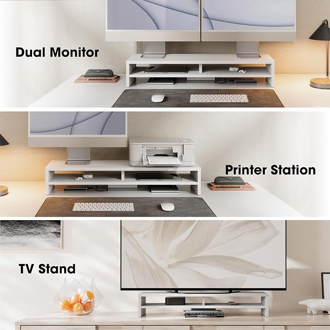 Fenge 31.5 Inch Dual Monitor Stand Riser for Desk, White | Wooden Desk Shelf, 2-Tier Open Storage Compartment, for PC Laptop Screen Printer, Home Office Desktop Organizer - Image 6