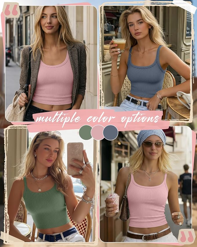 Ficerd 3 Pack Women's Tank Tops 95% Cotton Spaghetti Strap Ribbed Crop Camisole Slim Fitted Basic Summer Sleeveless Layer - Image 2