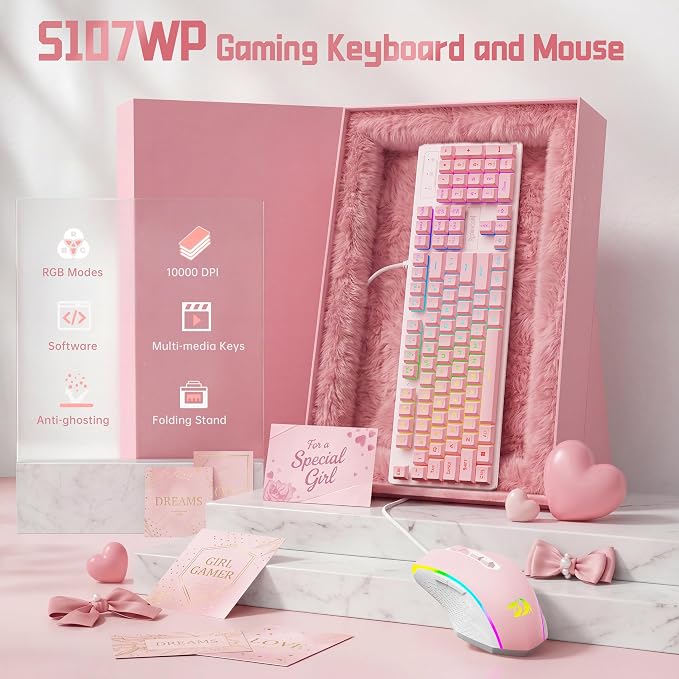 Redragon Updated S107WP Gaming Keyboard and Mouse, RGB Gaming Keyboard and 10000 DPI Mouse Combo with 25-Key Anti-Ghosting, 1K Hz Programmable Mice with Software, Plug & Play to PC, Laptop - Pink - Image 2