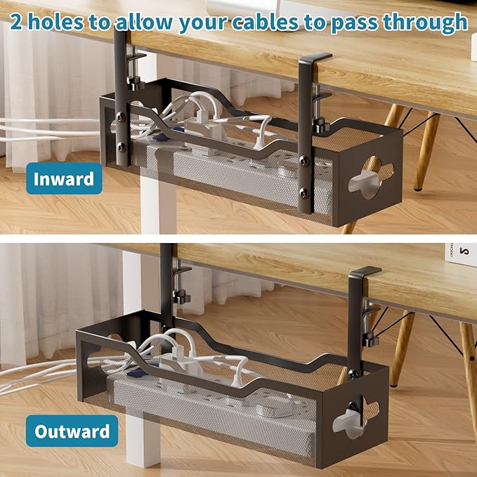 Litwaro Under Desk Cable Management Tray 2 Pack, No Drill, Organizer with Clamp Easy to Install for Standing Cord Organizer, Wire Damage Desk, Black, 13.38''-2 pack - Image 5