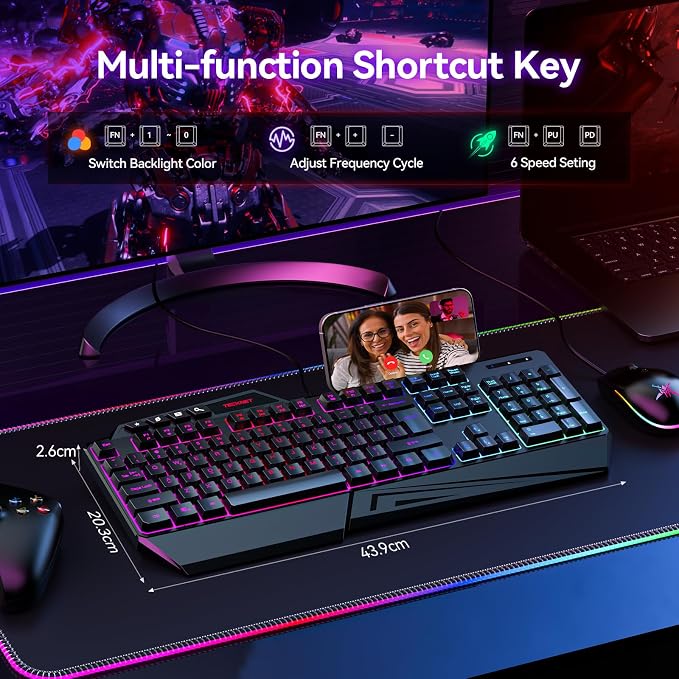 TECKNET Wired RGB Gaming Keyboard - 26-Key Anti-Ghosting, 13 Lighting Modes, Spill-Resistant, 108 Membrane Keys, Plug & Play - with Ergonomic Wrist Rest & Phone Holder for Windows/Mac (Black) - Image 7
