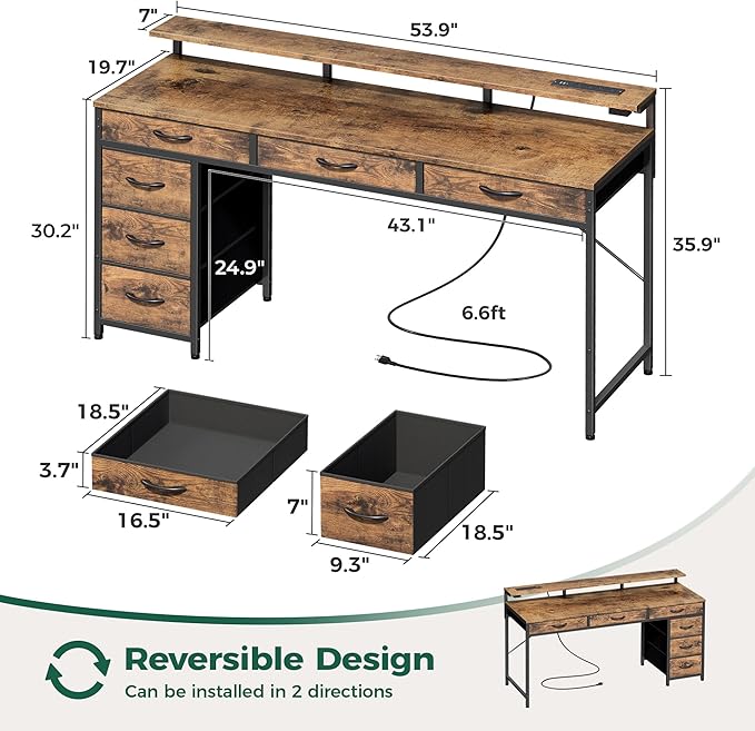 Huuger Gaming Desk with 6 Drawers, Computer Desk with LED Lights Power Outlets and Type-C, 55 Inch Office Desk with Storage, Monitor Stand, Writing Desk for Home Office, Rustic Brown, 1CD102F - Image 3