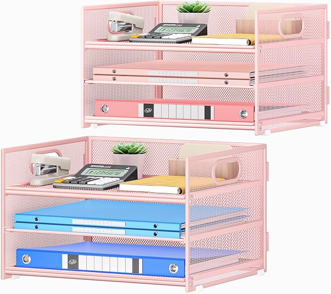 Subekyu 2-Pack 3-Tier Pink Metal Mesh Desk Paper Letter Tray & File Sorter Organizer with Handle + 1 Sliding Tray for Desk, Home, Office, School Supplies, A4 Paper and Accessories Storage by SUBEKYU