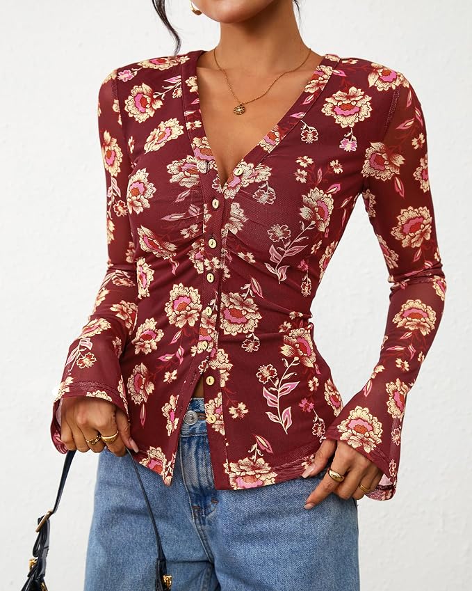 BTFBM Button Down Shirts for Women 2026 Fall Boho Tops V Neck Long Sleeve Blouses Ruched Mesh Fitted Fashion Clothing - Image 7