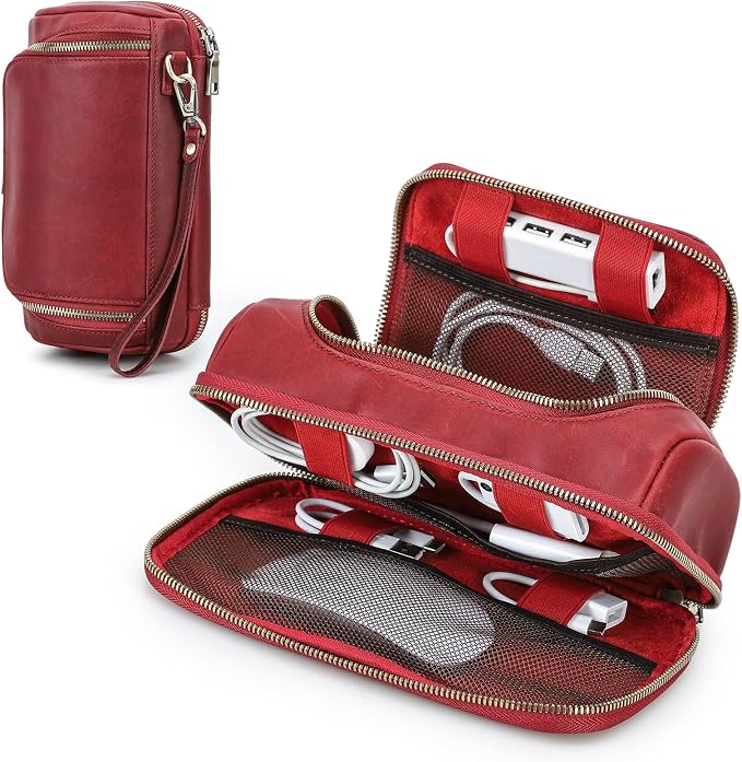 Hiram Handmade Crazy Horse Leather Tech Organizer Travel Case – Accessories Organiser Bag for Laptop, Tablet & Cell Phone, Double Compartment Charger Organizer Travel Case Red by Hiram