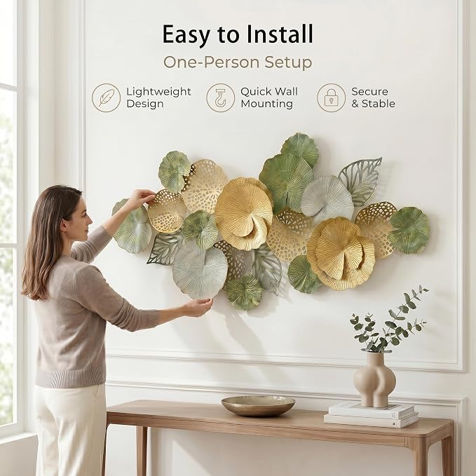 Axioglo 51" Large Wall Decor 3D Lotus Leaf Metal Wall Art for Living Room | 51" x 26" metal wall decor with layered metal texture, mounting hardware, two-way display - Image 3