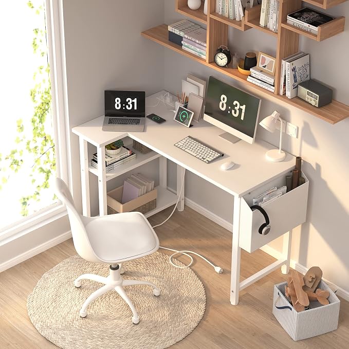 Lufeiya White L Shaped Computer Desk with Power Outlet Shelves, 40 Inch Small Reversible Corner Desk for Small Space Home Office, L-Shaped Desk PC Desks, White - Image 2