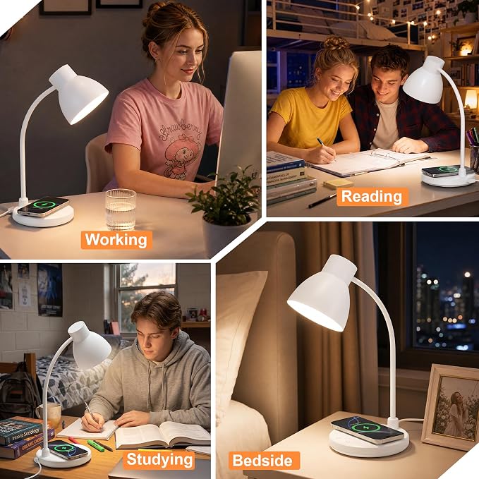 LED Desk Lamp for Home Office with Wireless Charger, White | 3 Color Modes Dimmable Eye-Caring Study Reading Dorm Desk Lamp, 360° Flexible Arm Table Lamp for College Dorm Room, 800 Lumen - Image 8