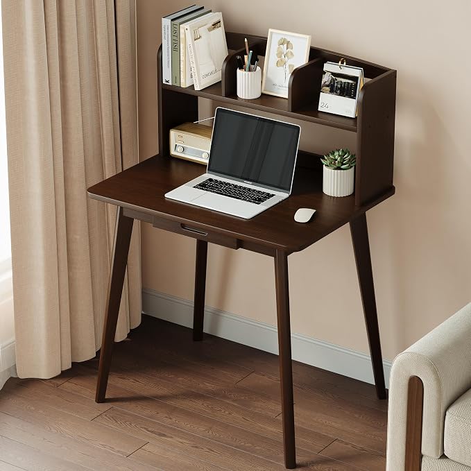 IOTXY Small Writing Desk with Hutch - 31.5" Work Computer Study Table | Black Walnut, Storage Drawer, Space-saving for Home and Office, with Bookshelves by IOTXY